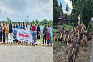 সুনামগঞ্জ সাচনাবাজার সড়কে ৪৫০০ গাছ কাটার বিরুদ্ধে  বিক্ষোভ সমাবেশ