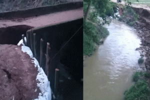 কুলাউড়ায় পাহাড়ি ঢলে সড়কে ভাঙন, ঝুঁকিতে যান চলাচল